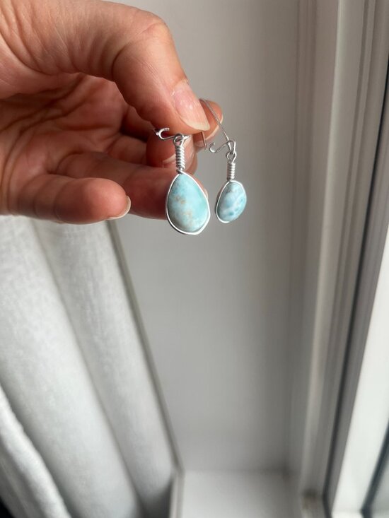 Natural Larimar Teardrop Wire-Wrapped Earrings - Picture 4 of 7